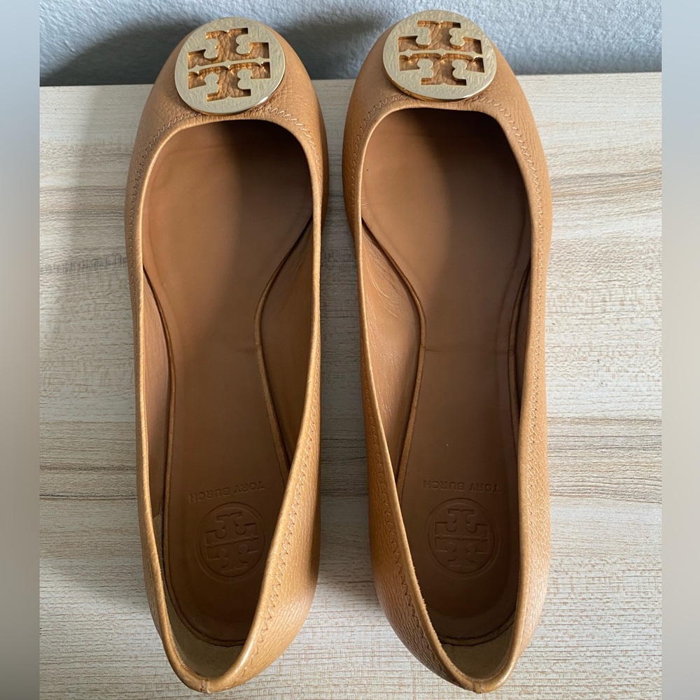 Tory Burch Reva Ballet Flats Leather Royal Tan Size 12 - Picture 3 of 16
